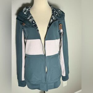 Empyre hooded jacket, fleece lined blue tan Women’s size medium